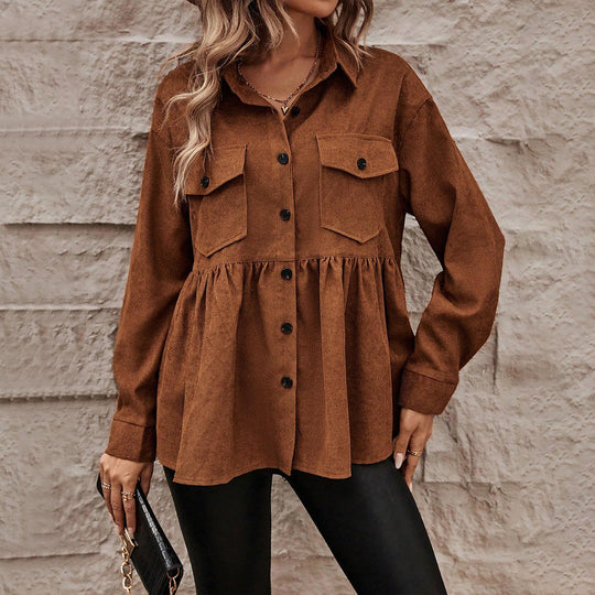 Damen Cord-Peplum-Bluse mit Hemdkragen aufgesetzten Brusttaschen und durchgehender Knopfleiste Eichborn Berlin