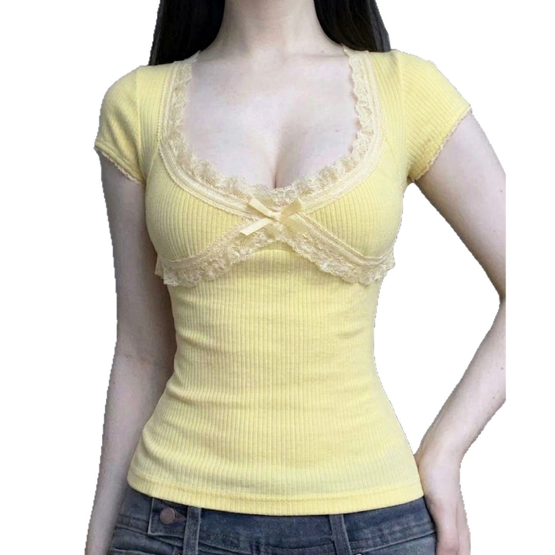 Damen Sexy Spitze Oberteil mit charmantem Dekolleté und feiner Rippstruktur EB