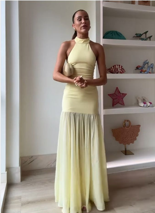 Damen Maxikleid mit hochgeschlossenem Design und fließendem Rock EB