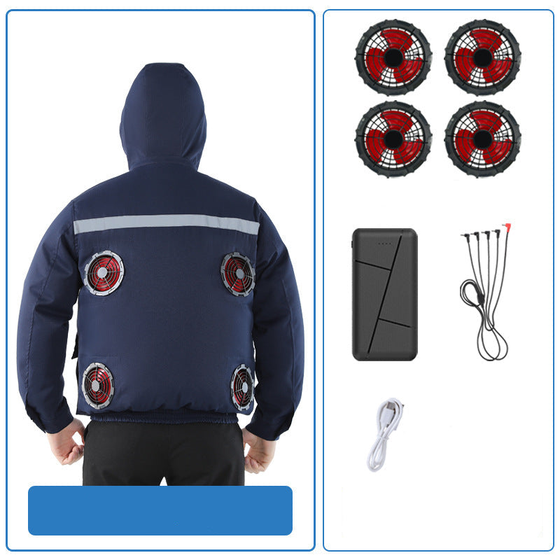 Unisex nan ventilated jacket for work and outdoor with integrated USB fans, battery compartment and hood EB