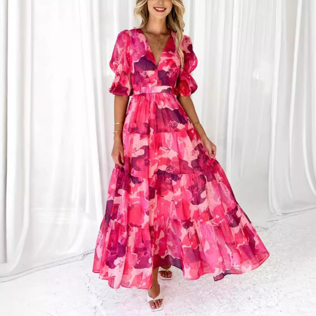 Damen Maxikleid mit voluminösen Puffärmeln und fließendem Rock Heidi-Mode