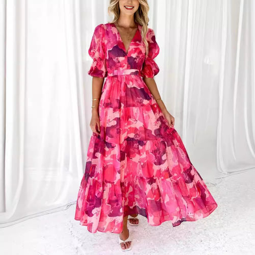 Damen Maxikleid mit voluminösen Puffärmeln und fließendem Rock Heidi-Mode