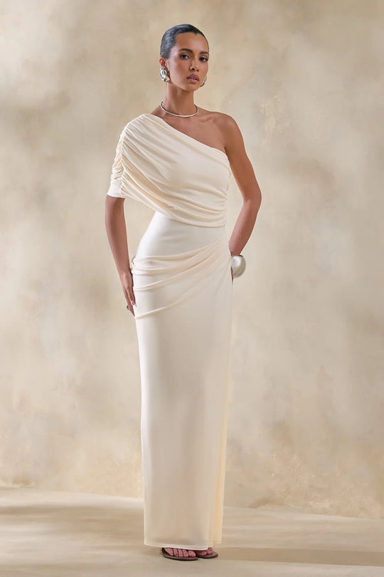 Damen Elegantes Langarm-Minikleid mit fließendem Drapée und asymmetrischem Design EB