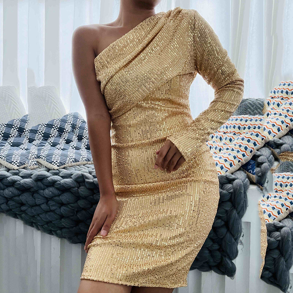 Damen Glitzerndes Midikleid mit asymmetrischem Schnitt und elegantem Raffung EB