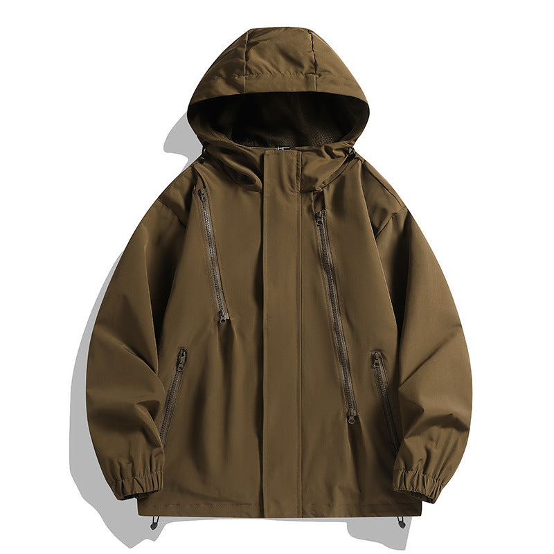 Herren wasserabweisende Kapuzenjacke mit diagonal verlaufenden Reißverschlüssen und verstellbarem Saum EB