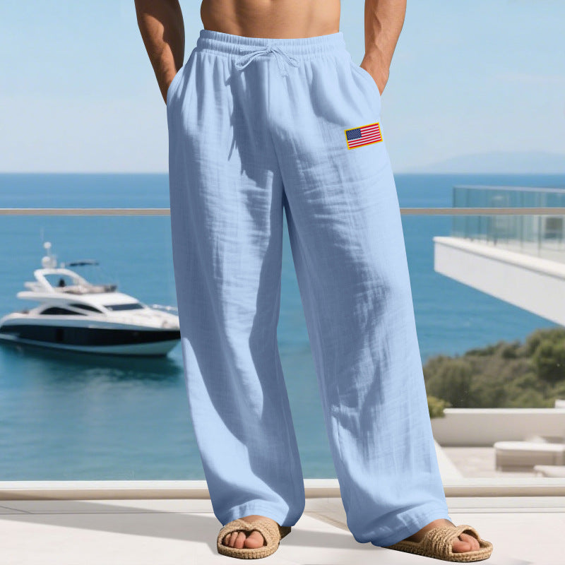 Herren Maritime Relaxed‑Fit Leinenoptik-Freizeithose mit Tunnelzug & Flaggen-Patch EB