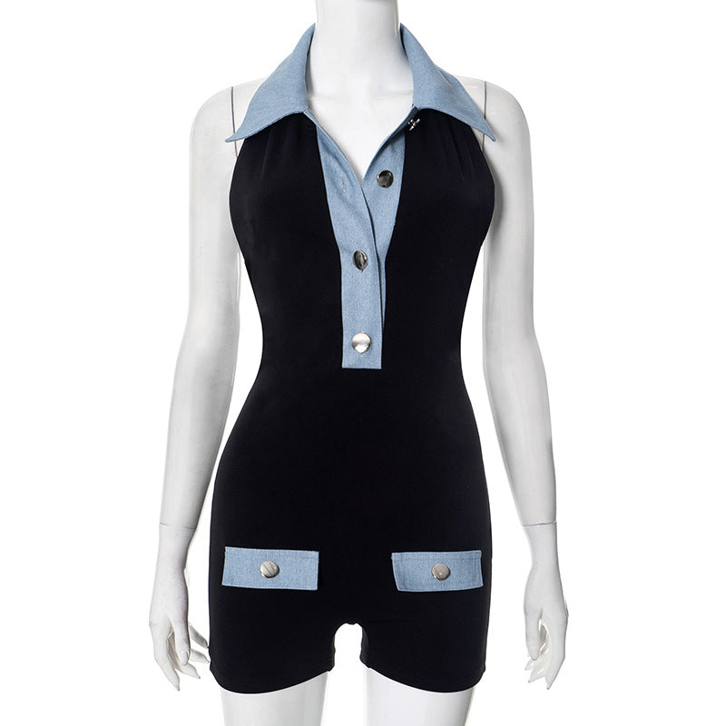 EB | Polokragen Denim kontrastierenden Jumpsuit Shorts