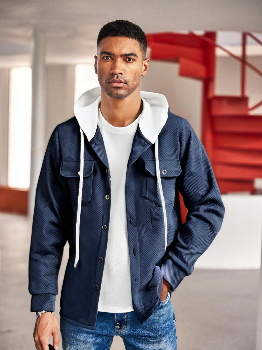 Herren modische Hybrid-Jacke mit abnehmbarer Kapuze und praktischen Taschen EB