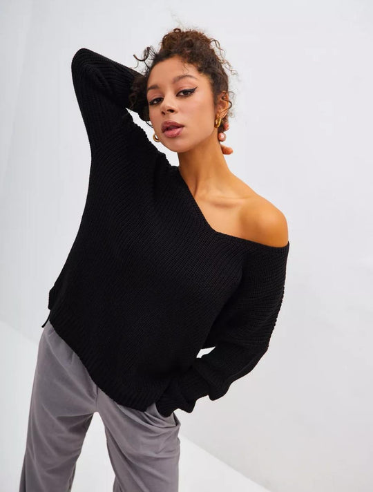 Damen lässiger Strickpullover mit tiefem V-Ausschnitt und seitlichen Schlitzen EB