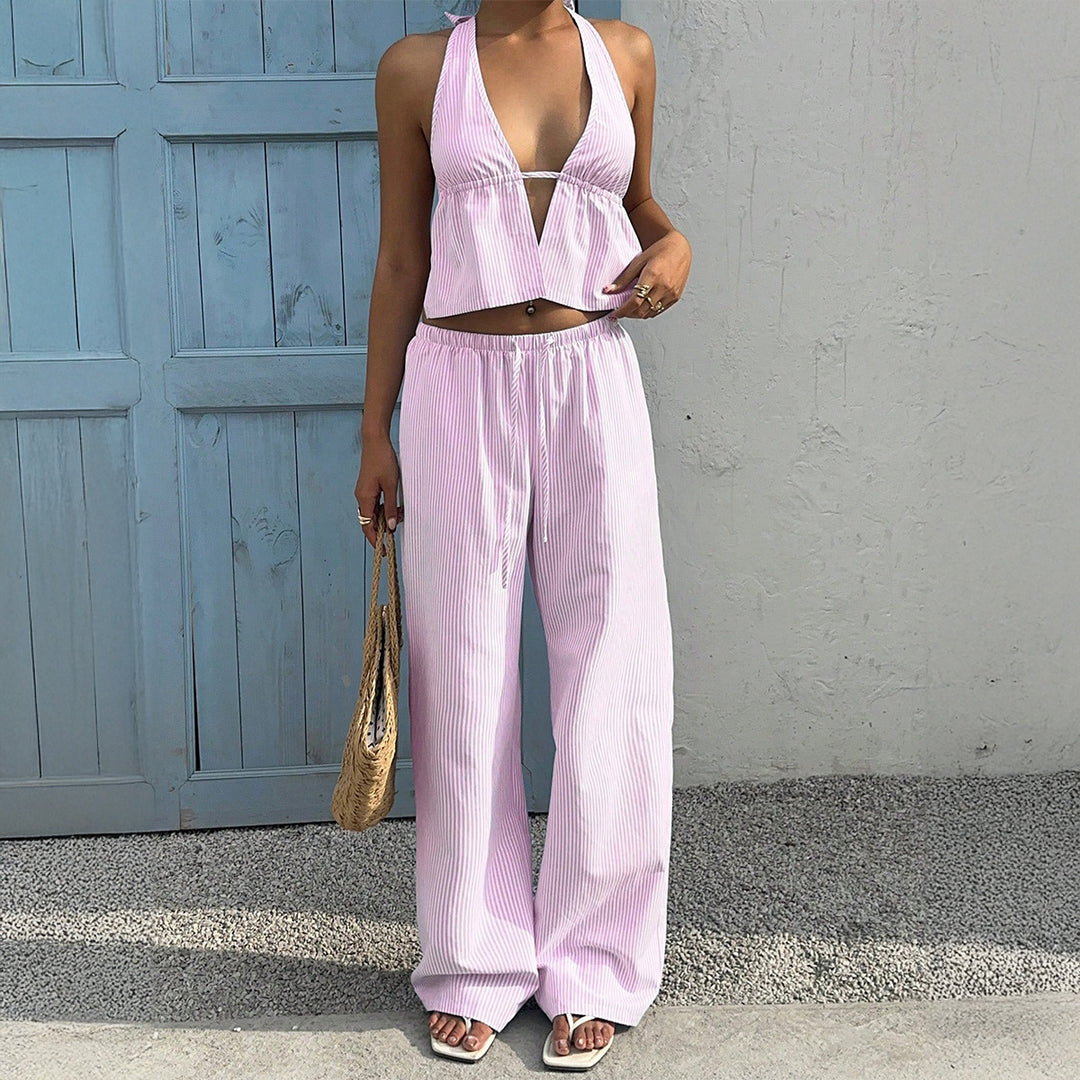 Damen Lässiges Strandoutfit mit Crop-Top und weitem Hose EB