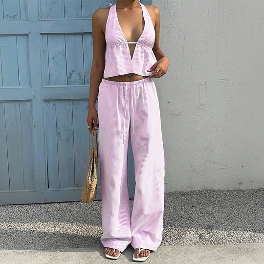 Damen Lässiges Strandoutfit mit Crop-Top und weitem Hose EB