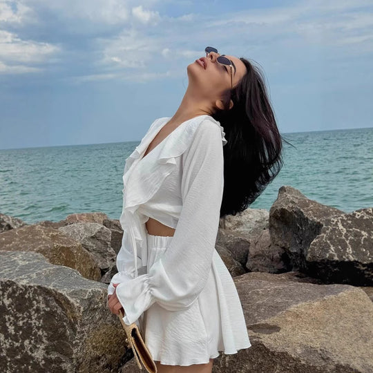 Damen verspieltes Sommerkleid mit Rüschen und tiefem V-Ausschnitt EB