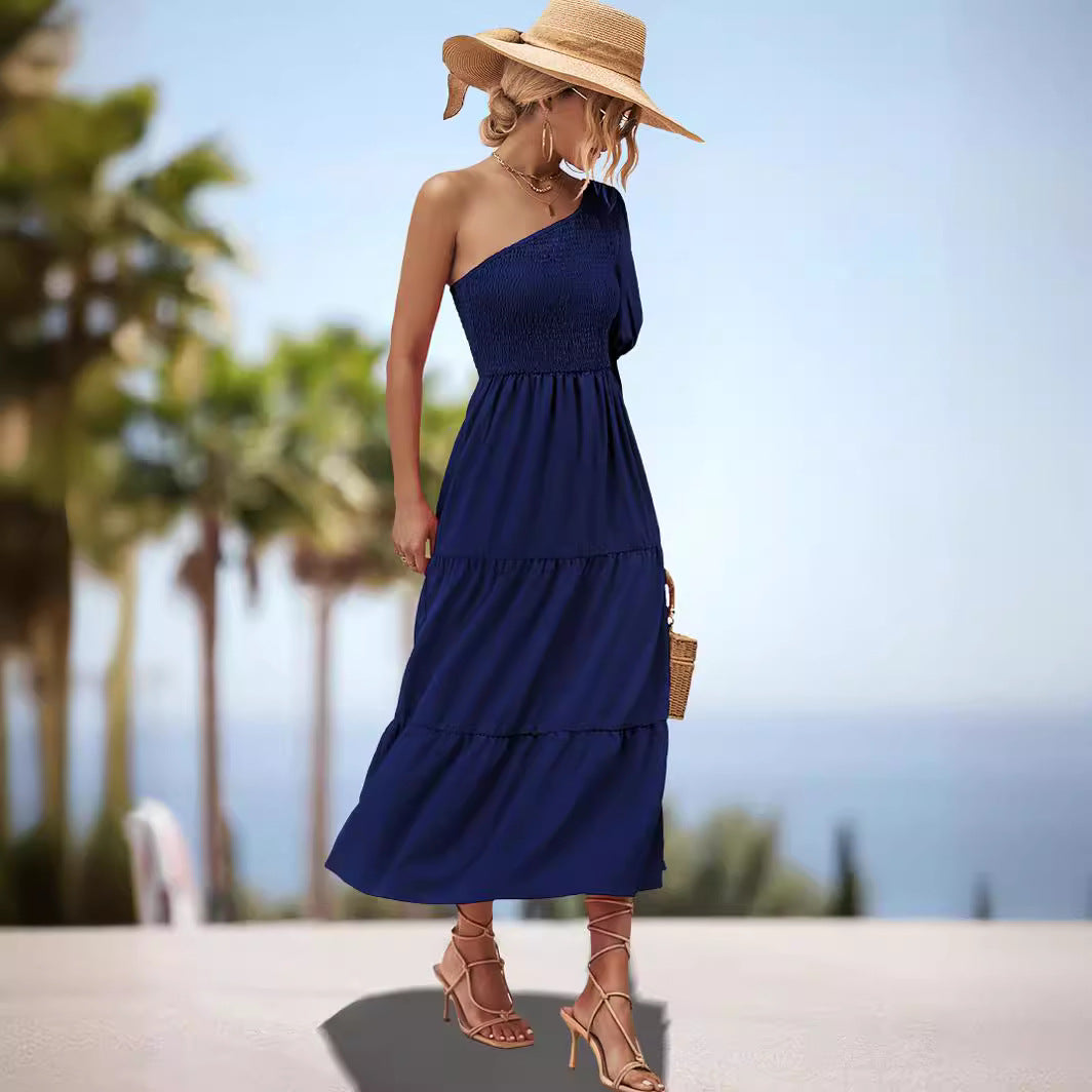Damen luftiges Maxikleid mit einer Schulter und Rüschenvolant EB