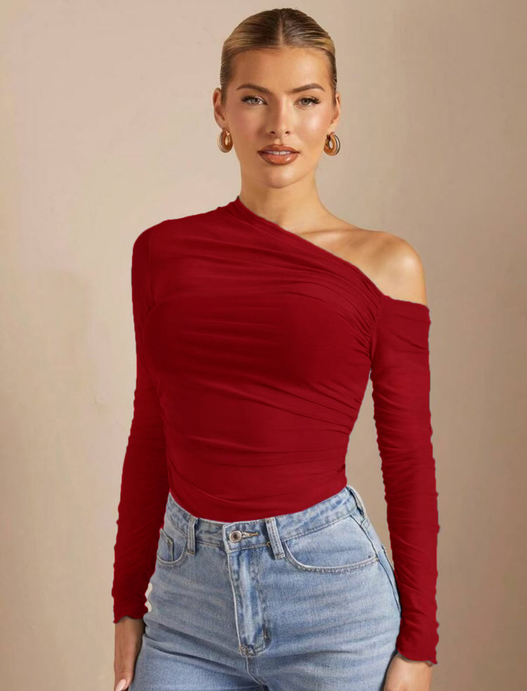 Damen Asymmetrischer Body mit Raffungen und langen Ärmeln EB