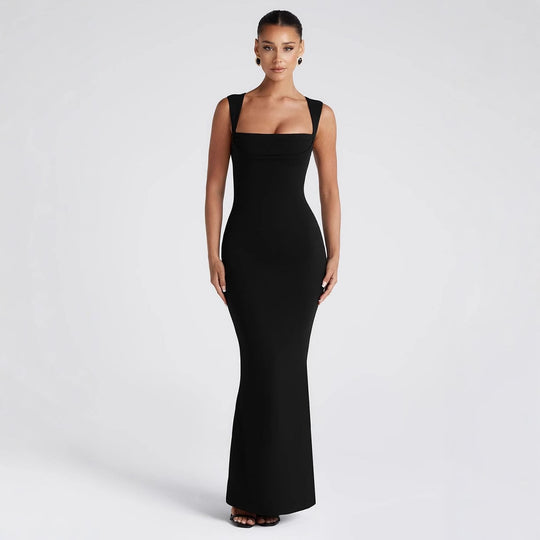 Damen Figurbetontes Maxikleid mit schmalen Trägern und elegantem V-Ausschnitt EB