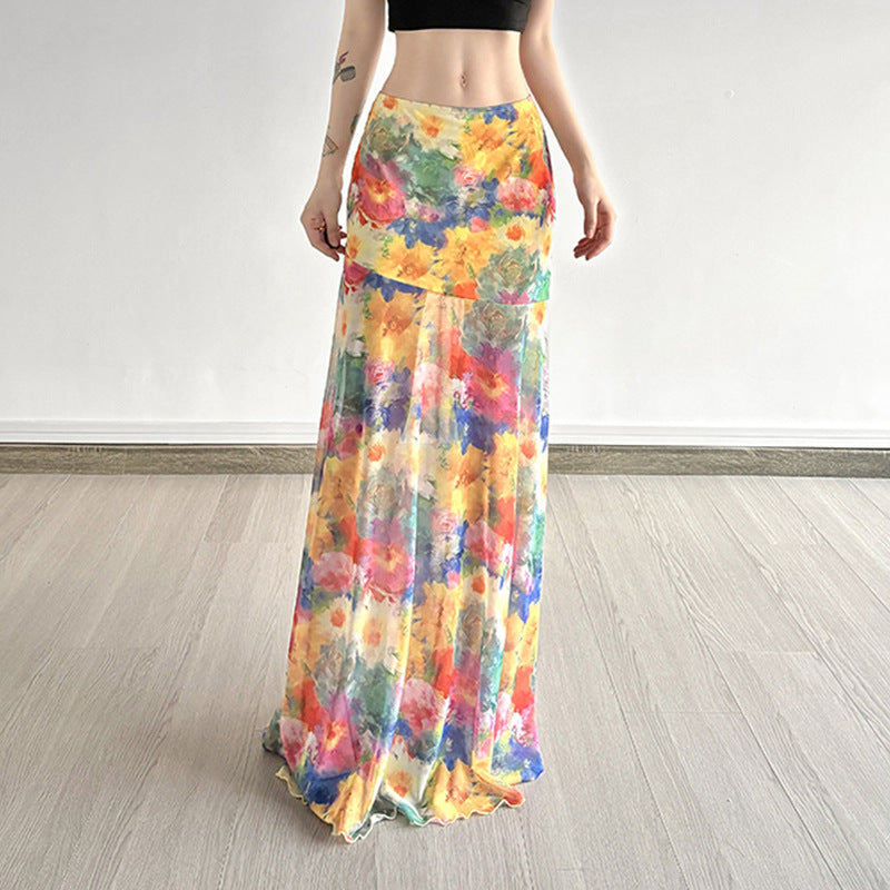 Damen Maxi-Rock mit floralem Chiffon-Design und schwingendem Saum EB