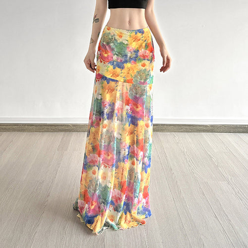 Damen Maxi-Rock mit floralem Chiffon-Design und schwingendem Saum EB