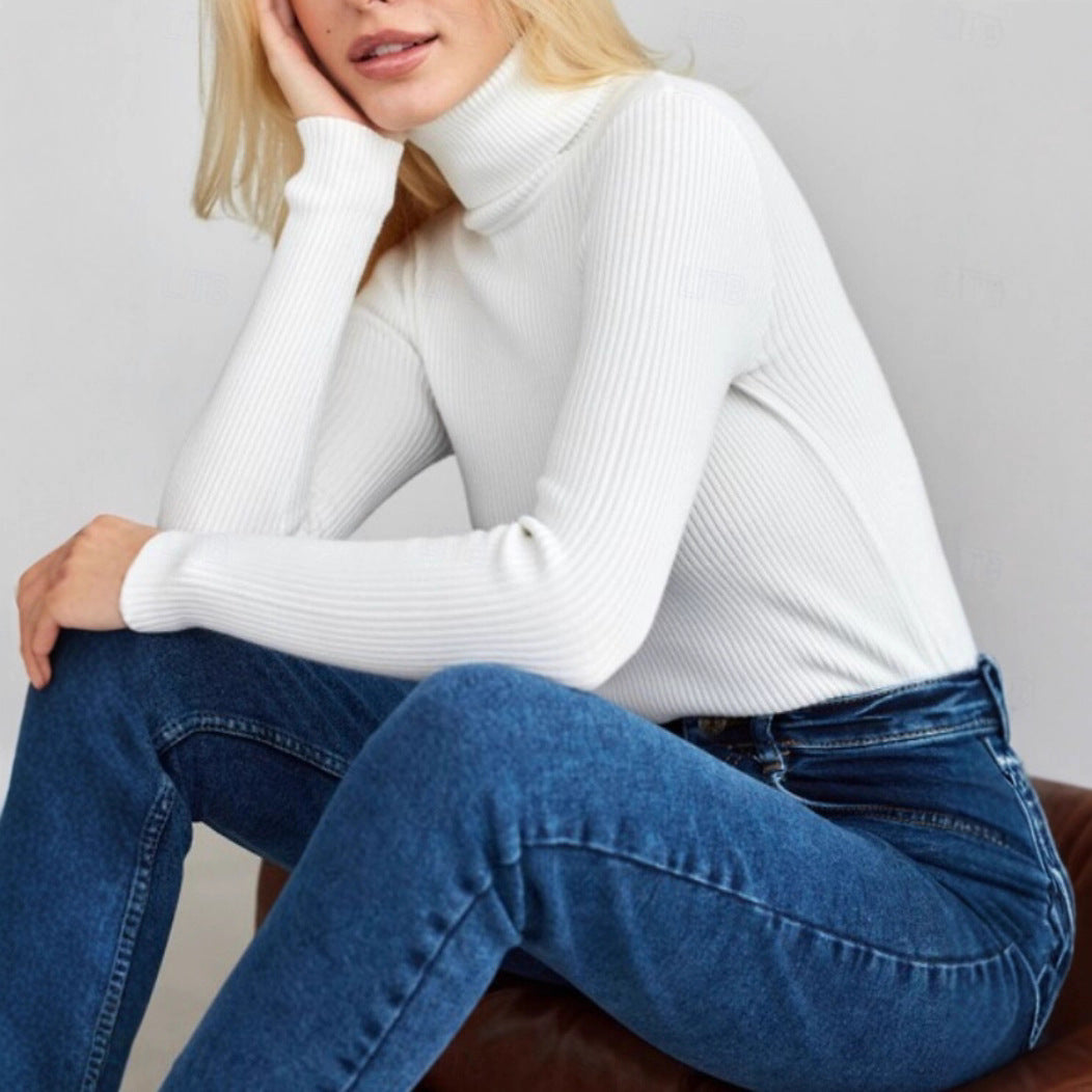 Damen Rippstrickpullover mit hohem Kragen und figurschmeichelndem Schnitt EB
