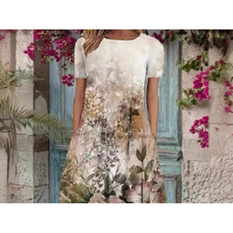 Damen Elegantes Maxikleid mit floralem Design und zartem Rundhalsausschnitt EB