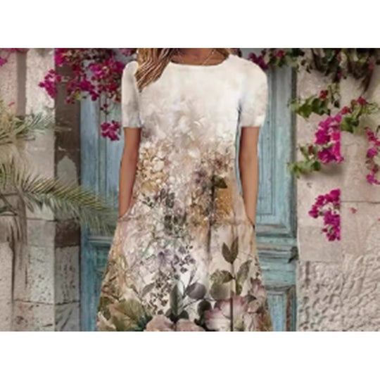 Damen Elegantes Maxikleid mit floralem Design und zartem Rundhalsausschnitt EB