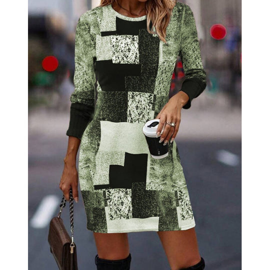 Damen Strickkleid mit modernem geometrischen Muster und langen Ärmeln EB