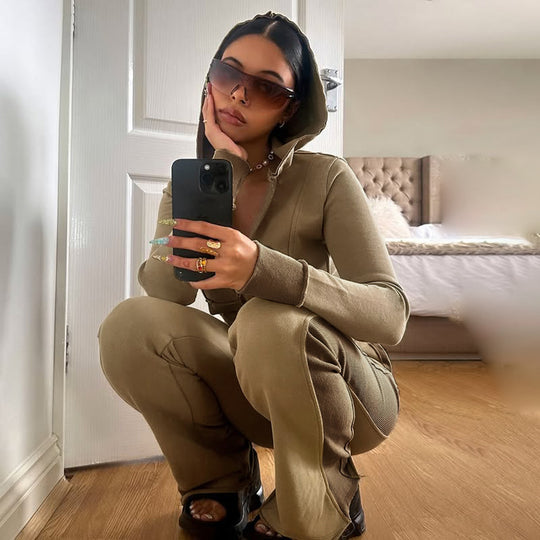 Damen nan Stretch-Flared-Hose mit hoher Taille, aufgesetzten Taschen und seitlichen Einsatzbahnen EB