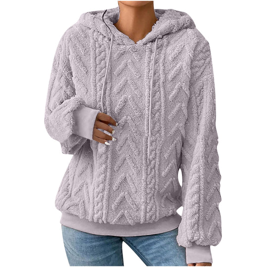 Damen nan kuscheliger Kapuzenpullover mit Zopfmuster Eingrifftaschen und Rippbündchen EB