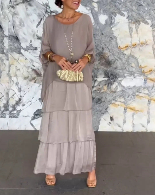 Damen nan bodenlanges Stufenkleid mit weiten Fledermausärmeln und lockerer Silhouette EB