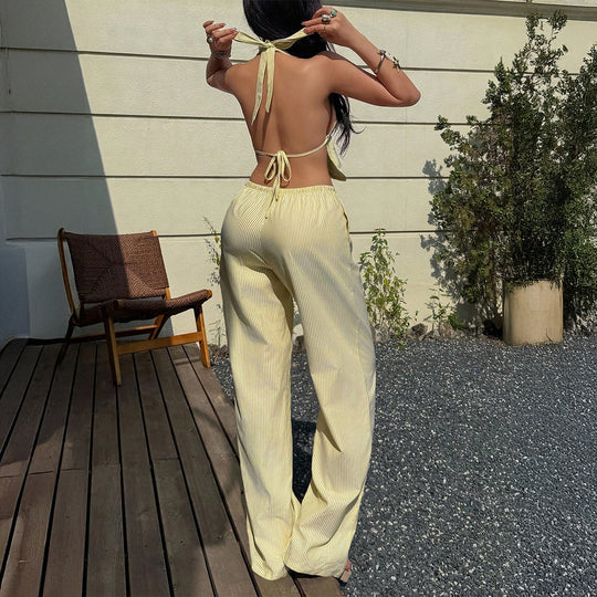 Damen Lässiges Strandoutfit mit Crop-Top und weitem Hose EB