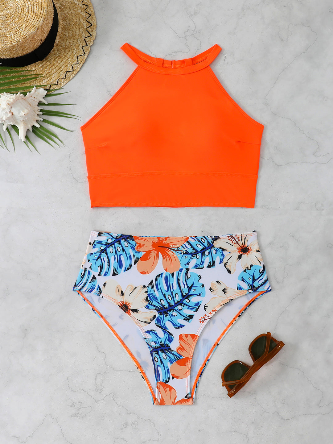Damen Sportlicher Bikini-Set mit hohem Bund und rückenfreier Oberseite EB
