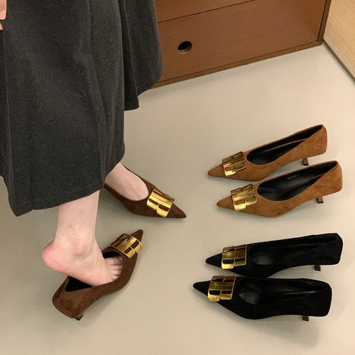 Damen Elegante spitze Pumps mit extravagantem Gold-Detail EB