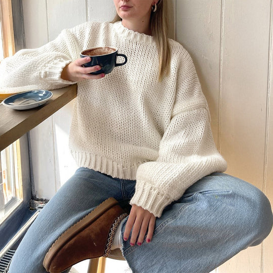 Damen nan oversized Grobstrickpullover mit Rundhalsausschnitt und gerippten Abschlüssen EB
