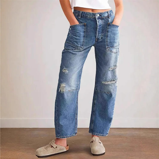 Damen weit geschnittene Jeans mit kreativen Taschen und Destroyed-Details EB