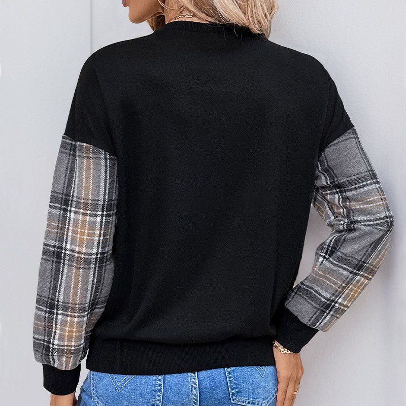 Damen bequemer Karopullover mit dekorativem V-Ausschnitt und elastischen Bündchen EB