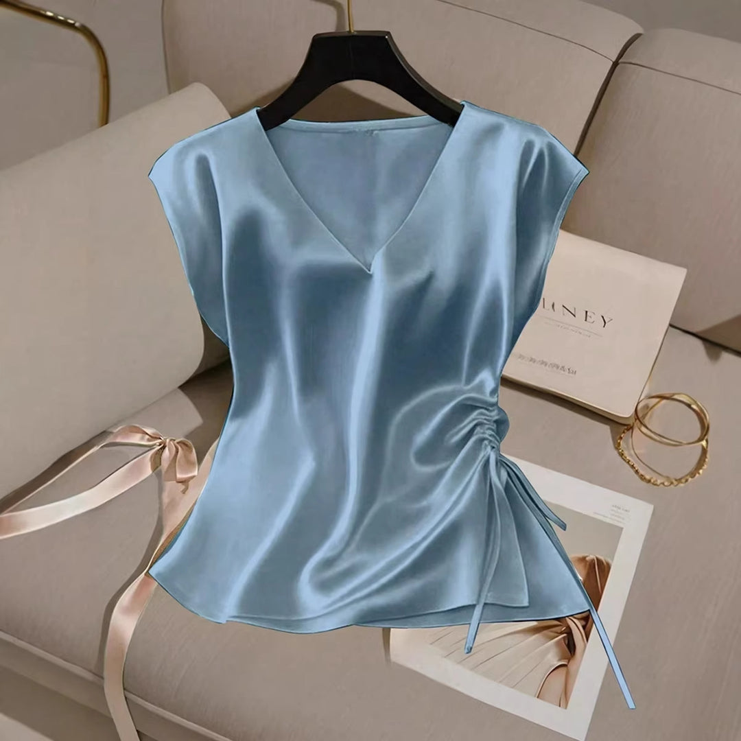 Damen Satinbluse mit seitlichem Kordelzug und V-Ausschnitt EB