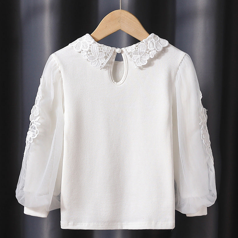 Mädchen Bluse mit floraler Stickerei und transparenten Ärmeln EB