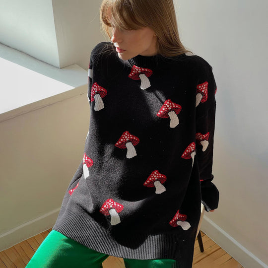Damen Pullover mit verspielten Pilzstickereien EB