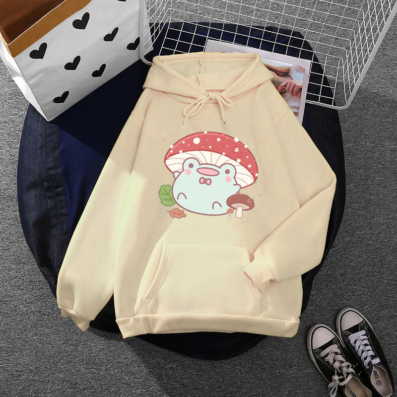 Damen nan weicher Oversize-Kapuzenpullover mit kawaii Pilzfrosch-Print, Kängurutasche und gerippten Bündchen EB