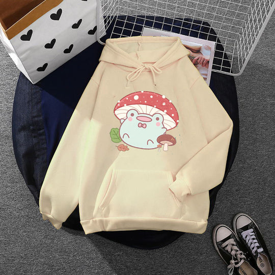 Damen nan weicher Oversize-Kapuzenpullover mit kawaii Pilzfrosch-Print, Kängurutasche und gerippten Bündchen EB
