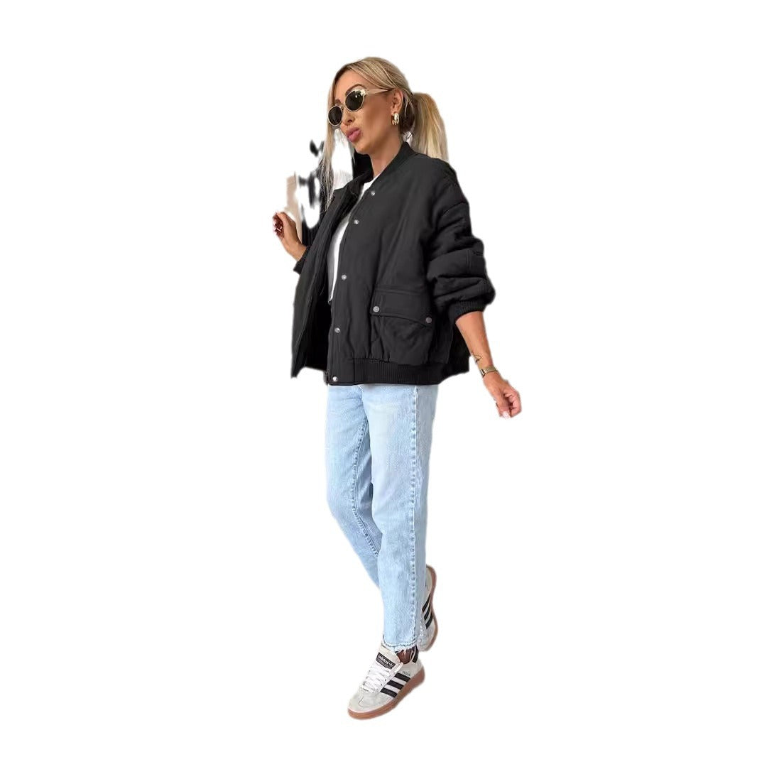 Damen lässige Steppjacke mit Knopfverschluss und elastischen Bündchen EB