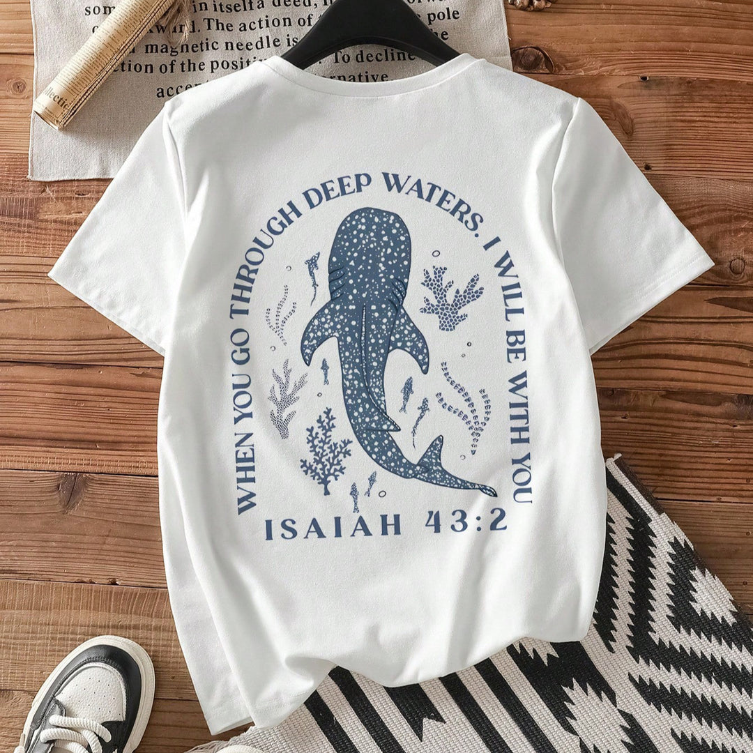 Damen T-Shirt mit kreativem Wahlspruch und kunstvollem Hai-Motiv EB