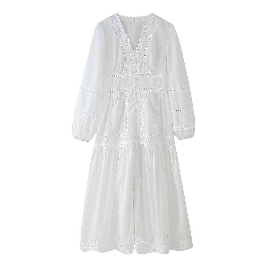 Damen Maxikleid mit eleganten Rüschendetails und femininem V-Ausschnitt EB