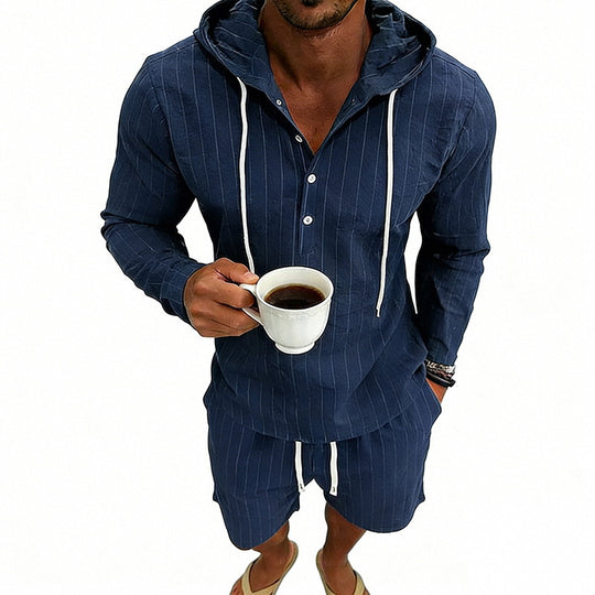 Herren nan gestreiftes Leinenoptik-Kapuzen-Henley-Set mit Tunnelzug-Shorts EB