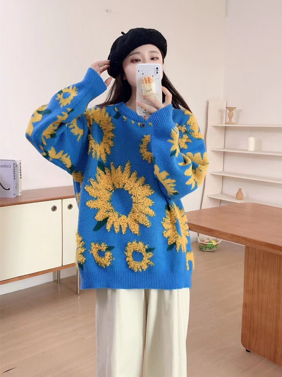 Damen Grobstrickpullover mit floralen Applikationen EB