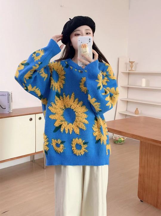 Damen Grobstrickpullover mit floralen Applikationen EB