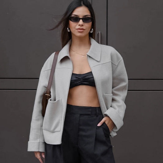 Damen Lässige Oversized-Jacke mit praktischen Taschen und elegantem Kragen EB