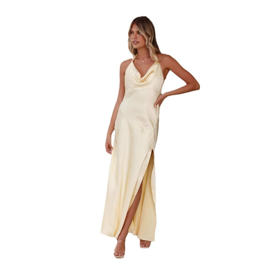 Damen Maxikleid mit halb-transparentem Halterneck und erotischem Schlitz EB