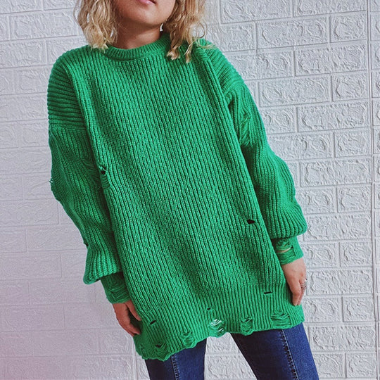 Damen Grobstrickpullover mit lässigen Rückenschlitzen und weiten Ärmeln EB