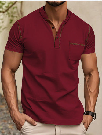 Herren nan modernes Kurzarm-Henley mit Stehkragen, Kontrastnähten und aufgesetzter Brusttasche EB