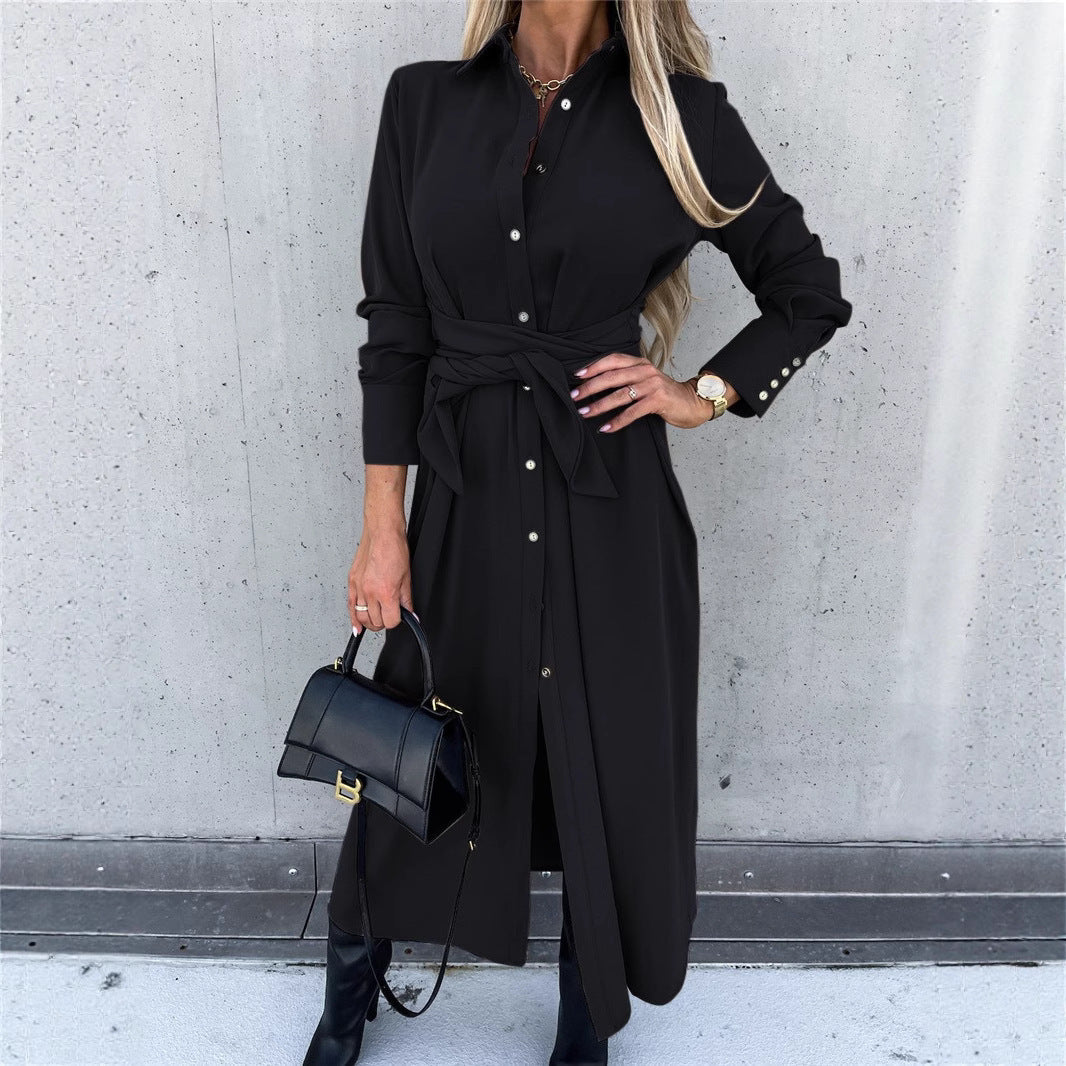 Damen Hemdkleid mit Wickelgürtel und Knopfleiste EB